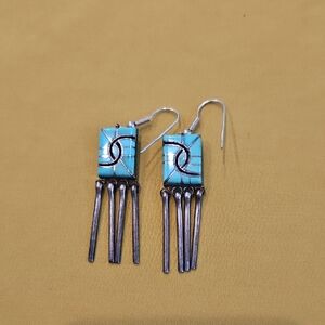 Vintage Turquoise Inlay Sterling Silver Earrings- CC Hallmark Zuni Pueblo Design